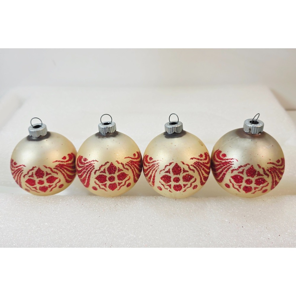 Vintage Lot of 4 Shiny Brite Christmas Ornaments Stencil Red Glitter USA 2.25"